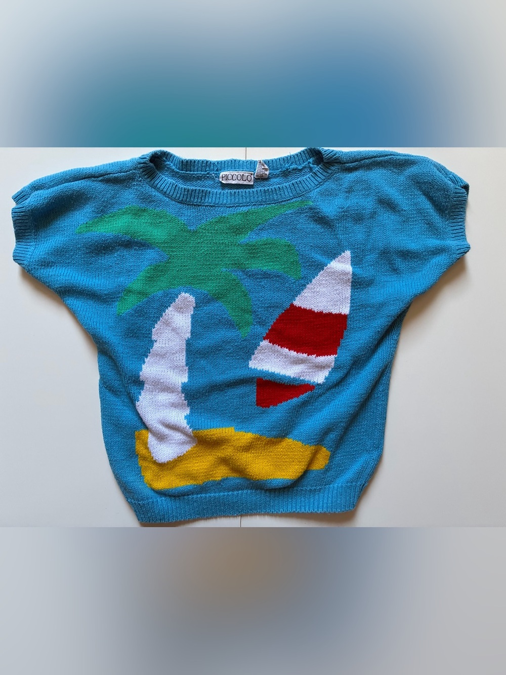 1980s/90s Blue Short Sleeve Knit Sweater by Piccolo - Medium - Tropical/Seaside